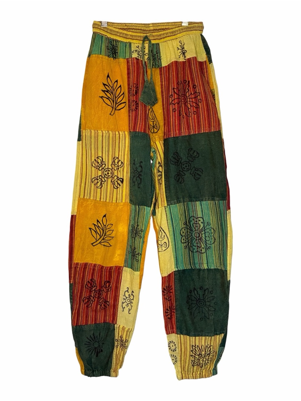 Nepal Cotton Patchwork Boho Drawstring Boho Pants in Yellow, Green & Red